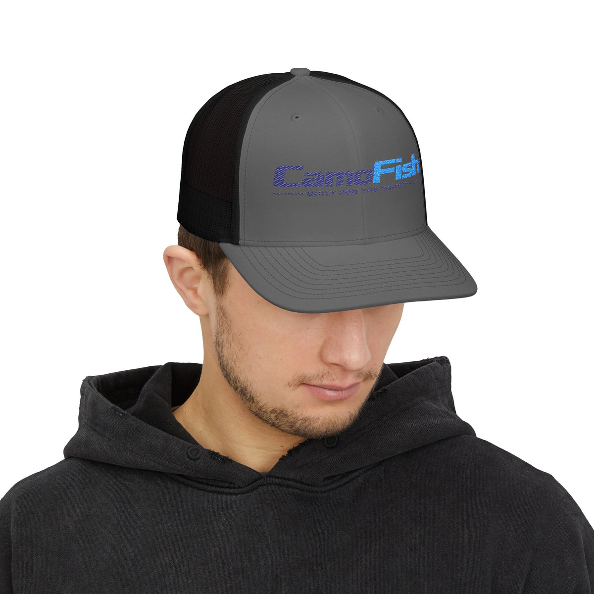 CamoFish Embroidered Logo Trucker Cap - Classic Snapback with Outdoor Patch Design
