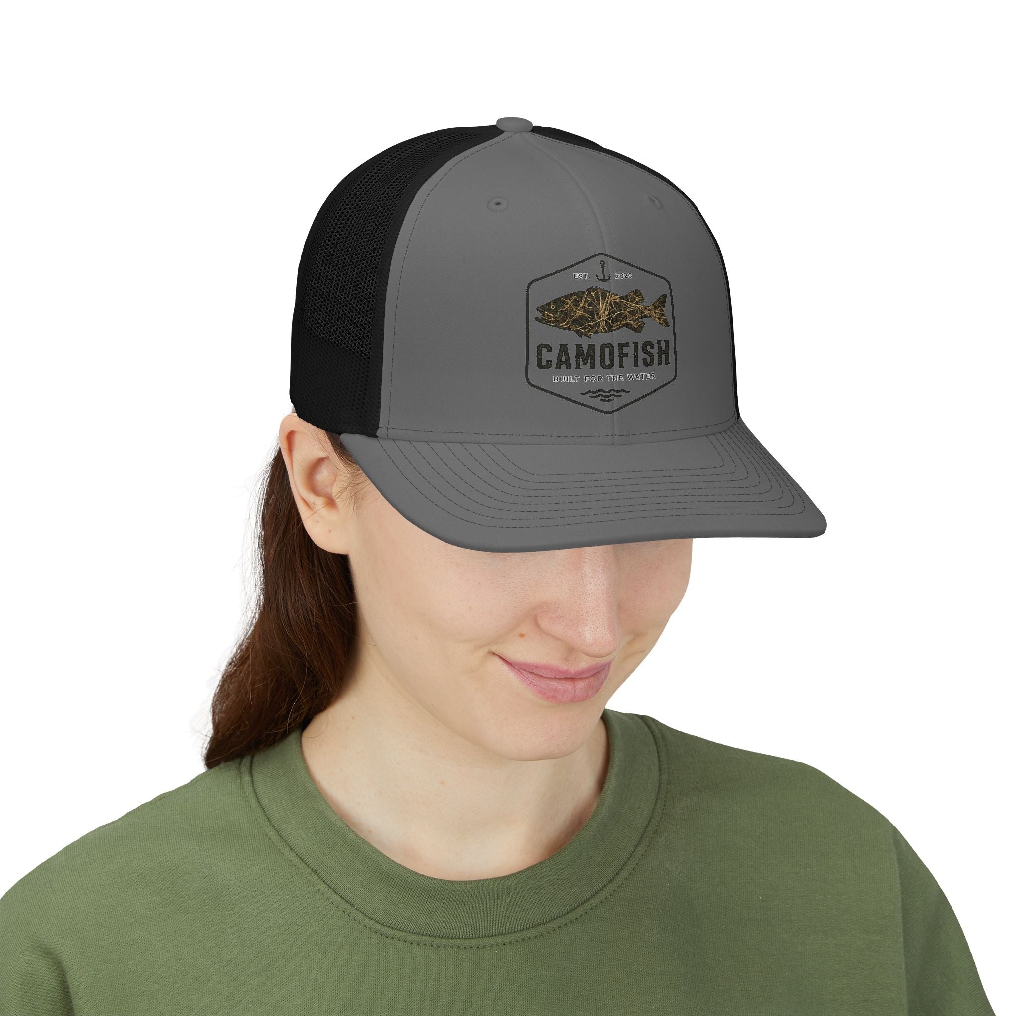 Camofish Trucker Cap — Camo Fish Logo Snapback Hat for Anglers