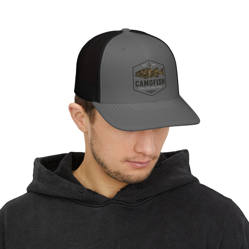 Camofish Trucker Cap — Camo Fish Logo Snapback Hat for Anglers
