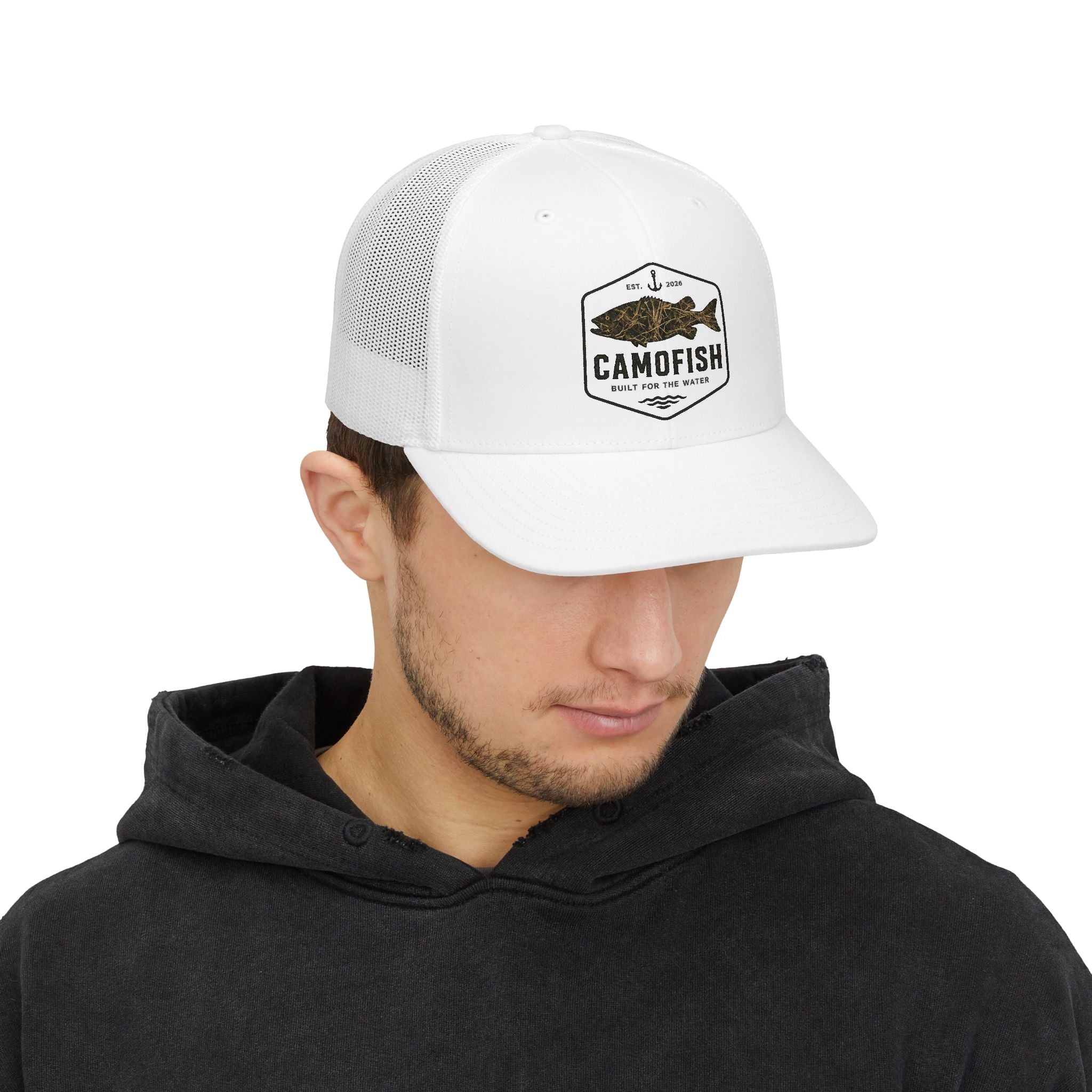 Camofish Trucker Cap — Camo Fish Logo Snapback Hat for Anglers