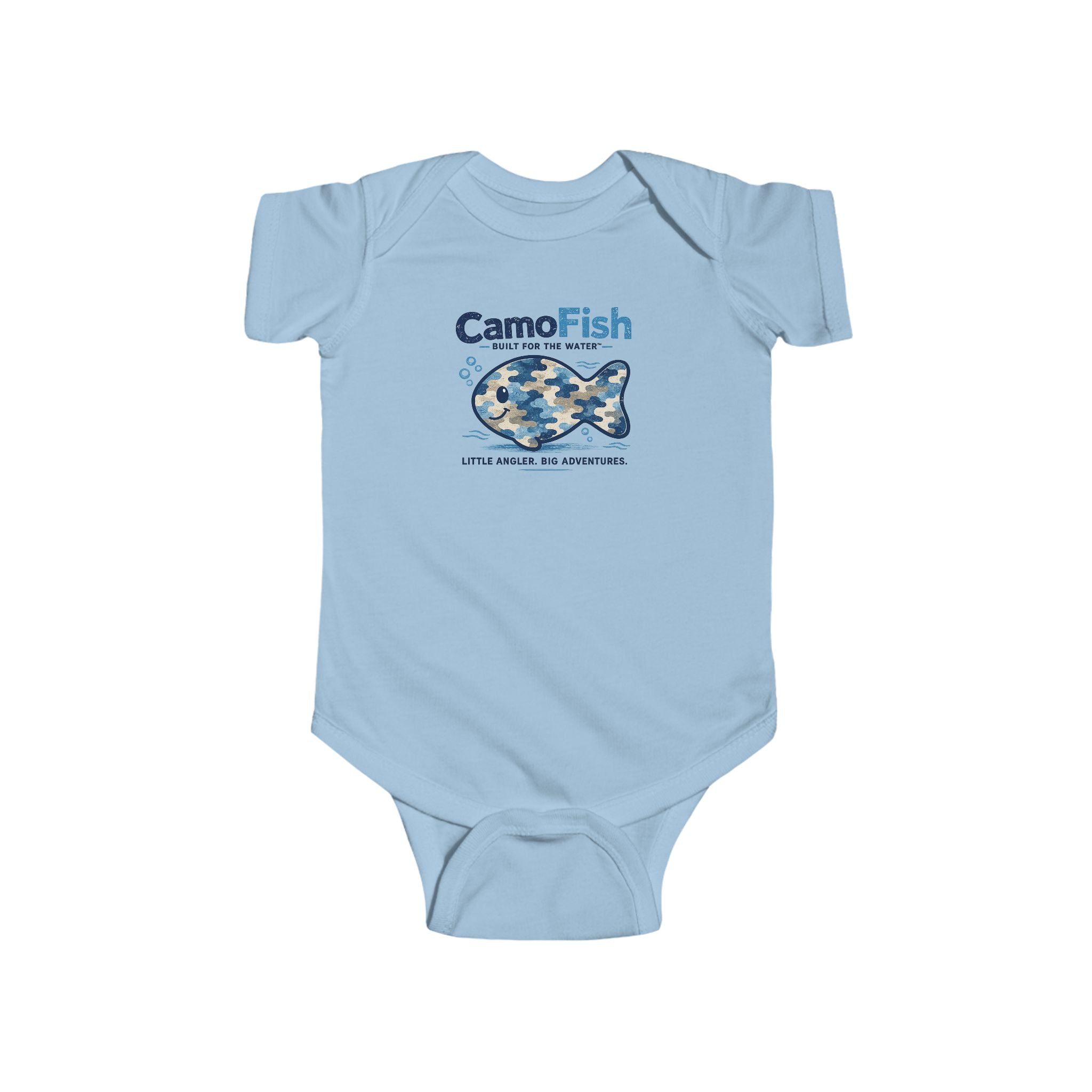 CamoFish Infant Bodysuit – Blue Camo Fish Baby Onesie