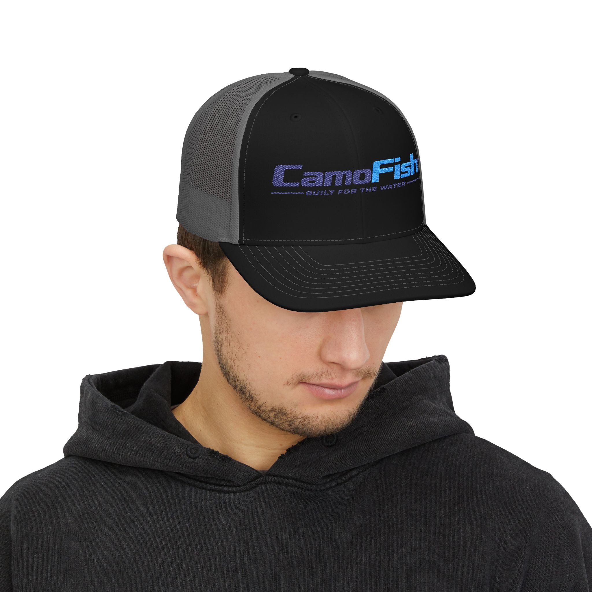 CamoFish Logo Trucker Cap - Classic Snapback with Outdoor Patch Design