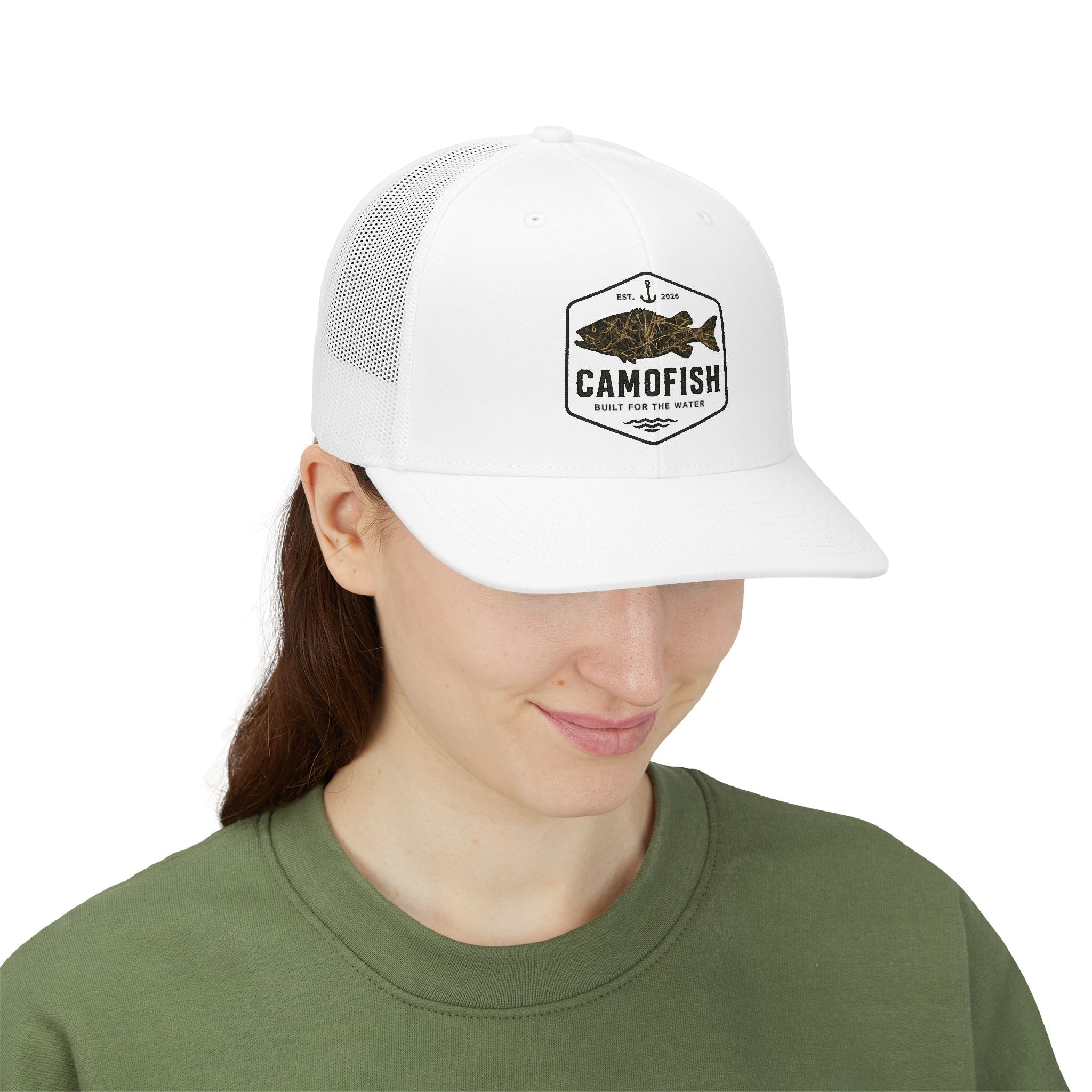 Camofish Trucker Cap — Camo Fish Logo Snapback Hat for Anglers